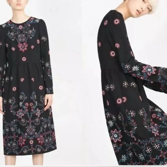 Zara Midi Floral Runways Fav Embroidered Long Sleeves Black Dress M - Picture 4 of 13